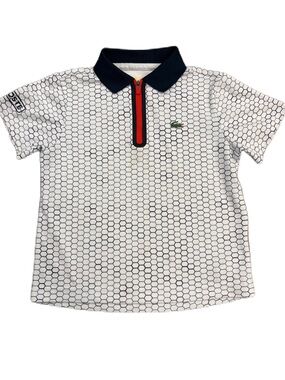 Lacoste White Polo with Navy Hex Pattern and Red Zip - Size 6